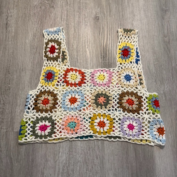 Women's Crochet Granny Square Tank Top Boho Hippie Festival Crop One Size - Picture 3 of 5
